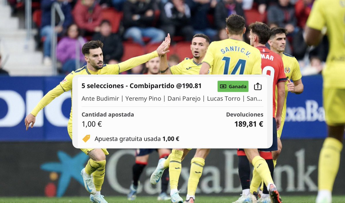 stakevalue's tweet image. ✅ Cuota 190 ❤️ Gracias Osasuna y Villarreal

💥 Teníamos 1€ gratis y decidimos montar una buena combinada Cuota 190
🗣️ El resto es Historia 
🚀 Es nuestra cuota más grande hasta el momento

🤫 Únete a nuestro canal de Telegram pinchando en el enlace de nuestra biografía