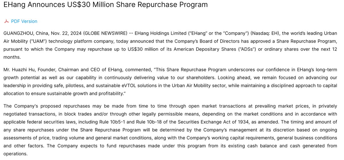 PhilipFemo's tweet photo. $EH EHang announce $30M repurchase program.
→ Stock has recently had suspicious movement mostly benefiting options trading (Puts 22/11 most recently).
→ EHang messaging to the market they believe they are undervalued
→ EHang can fight of short-sellers if need be. https://t.co/BxQG6jOtS0