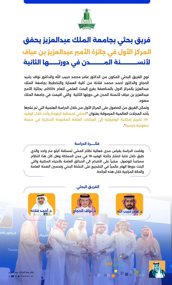 kauedu_sa's tweet photo. فريق بحثي من #جامعة_الملك_عبدالعزيز يحقق المركز الأول في #جائزة_الأمير_عبدالعزيز_بن_عياف_لأنسنة_المدن بفضل دراسة علمية مبتكرة تساهم في تعزيز الصحة العامة وتحسين جودة الحياة في المدن.
#KAU https://t.co/ExmtVFUo83