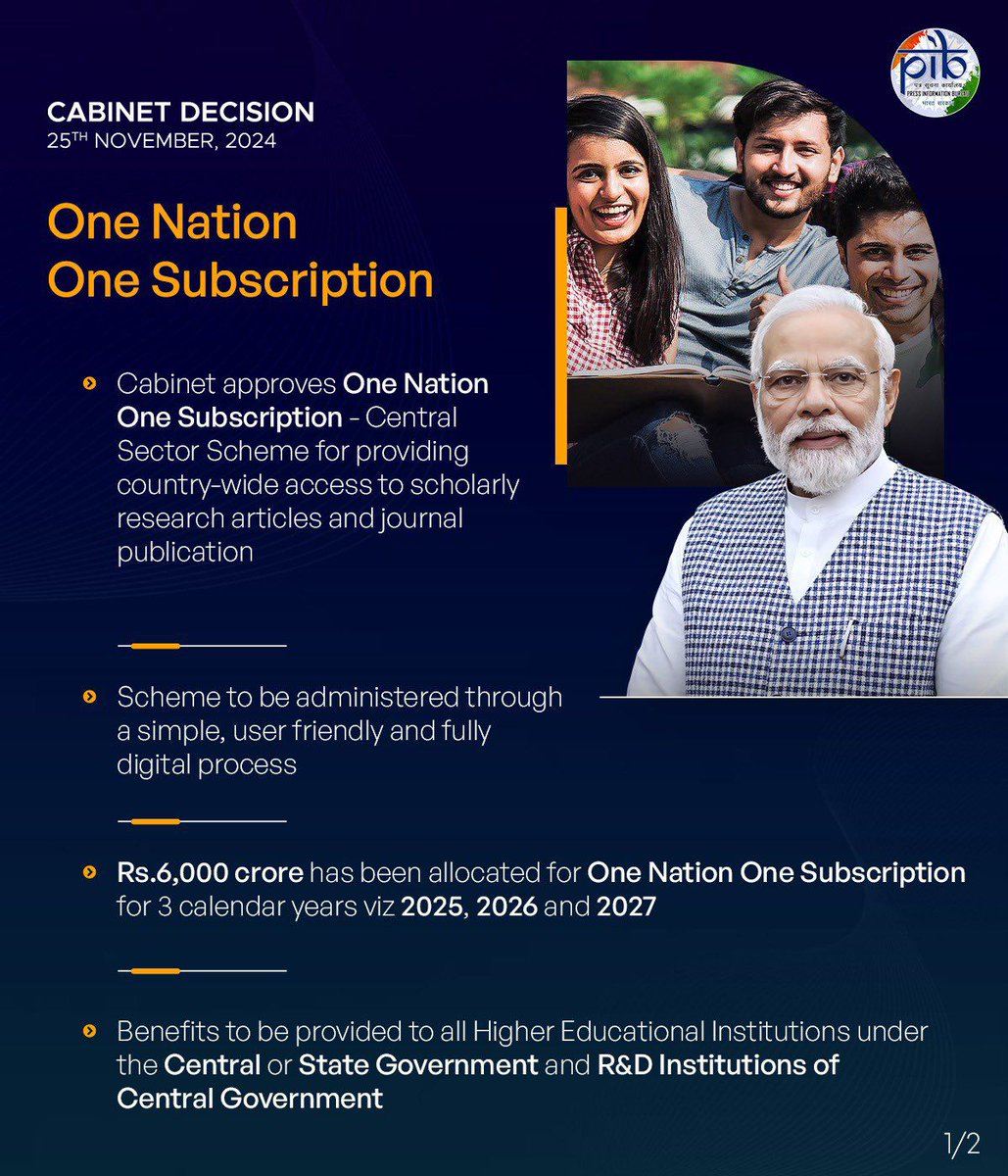 guptaakhilesh63's tweet image. So delighted to see the Union Cabinet approved much awaited initiative &quot;One Nation One Subscription (ONOS)&quot;. The idea of ONOS was mooted as part of draft 5th STI Policy under Open Science initiative. I had the honour of heading the #STIP Secretariat at @IndiaDST.  The ONOS aims…