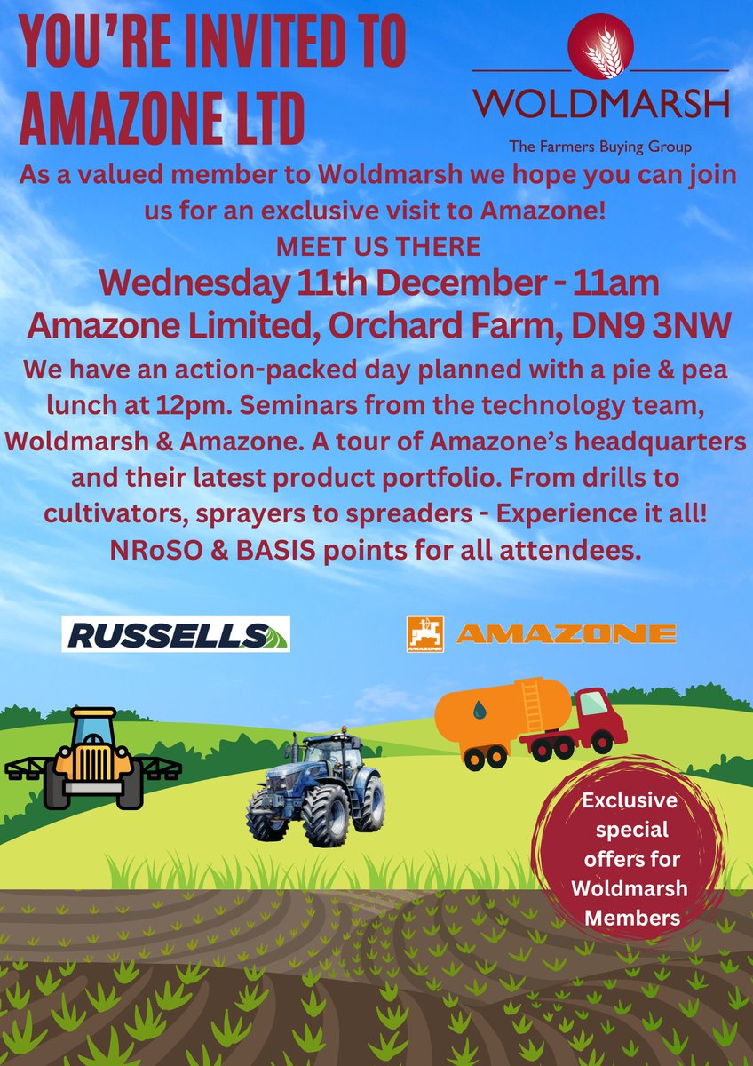 Woldmarsh's tweet photo. Whether you're a member or thinking of joining us, you're invited to our joint Technology day with
@Russells_uk at @Amazone - Details below 👇 https://t.co/3cwyTm45xn