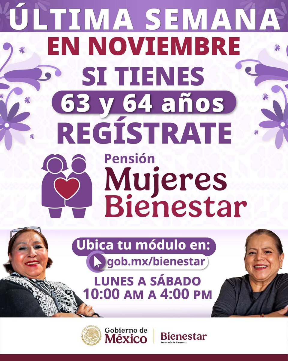 BienestarMH's tweet photo. Buen día ☀️

Te recordamos que está es la última semana para realizar tu registro a la #PensionAdultoMayor y la #PensionMujeresBienestar.

No olvides acudir con tu documentación completa a los módulos de Bienestar. 

¡Te esperamos! 🫂 https://t.co/2YVYeLRXto
