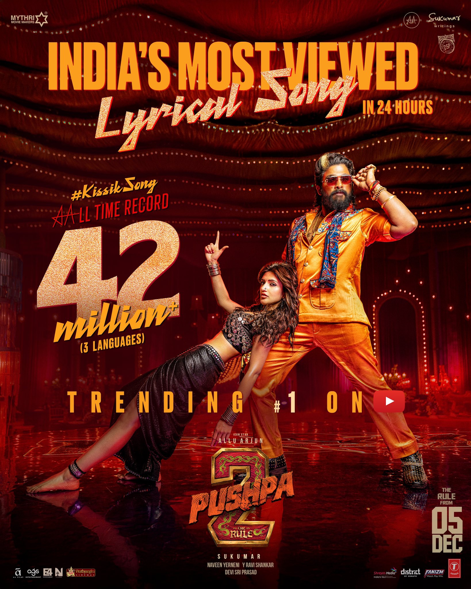 Pushpa 2 Kissik Song Becomes India's Most Viewed Lyrical Track, Allu Arjun & Sreeleela Stunning Performance in Viral Song
