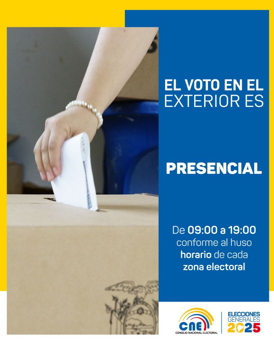 cneimbabura's tweet photo. Atención 📣

Los ecuatorianos en el 🌐 extranjero que estén empadronados en alguna de las tres circunscripciones electorales 🗳️ votarán de manera presencial para las #Elecciones2025Ec. 🇪🇨

Consulta tu lugar de votación a través de:
✅ https://t.co/ylXiaN3hfE  
✅ #CNEApp https://t.co/QglB7lWlNb