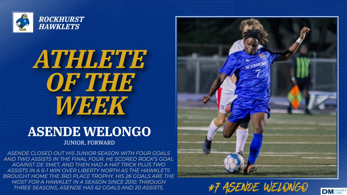 Congrats to Asende Welongo '26, our <a href="/DMInjuryLaw/">DM Injury Law</a>  Week 13 Athlete of the Week! At the Final Four, Asende had 4 goals &amp; 2 assists as <a href="/HAWKLETSOCCER/">Rockhurst High School Soccer</a> won 3rd Place. Asende had 26 goals (the most since 2010) &amp; 7 assists on the season; now has 62 goals through junior year. Rock State!
