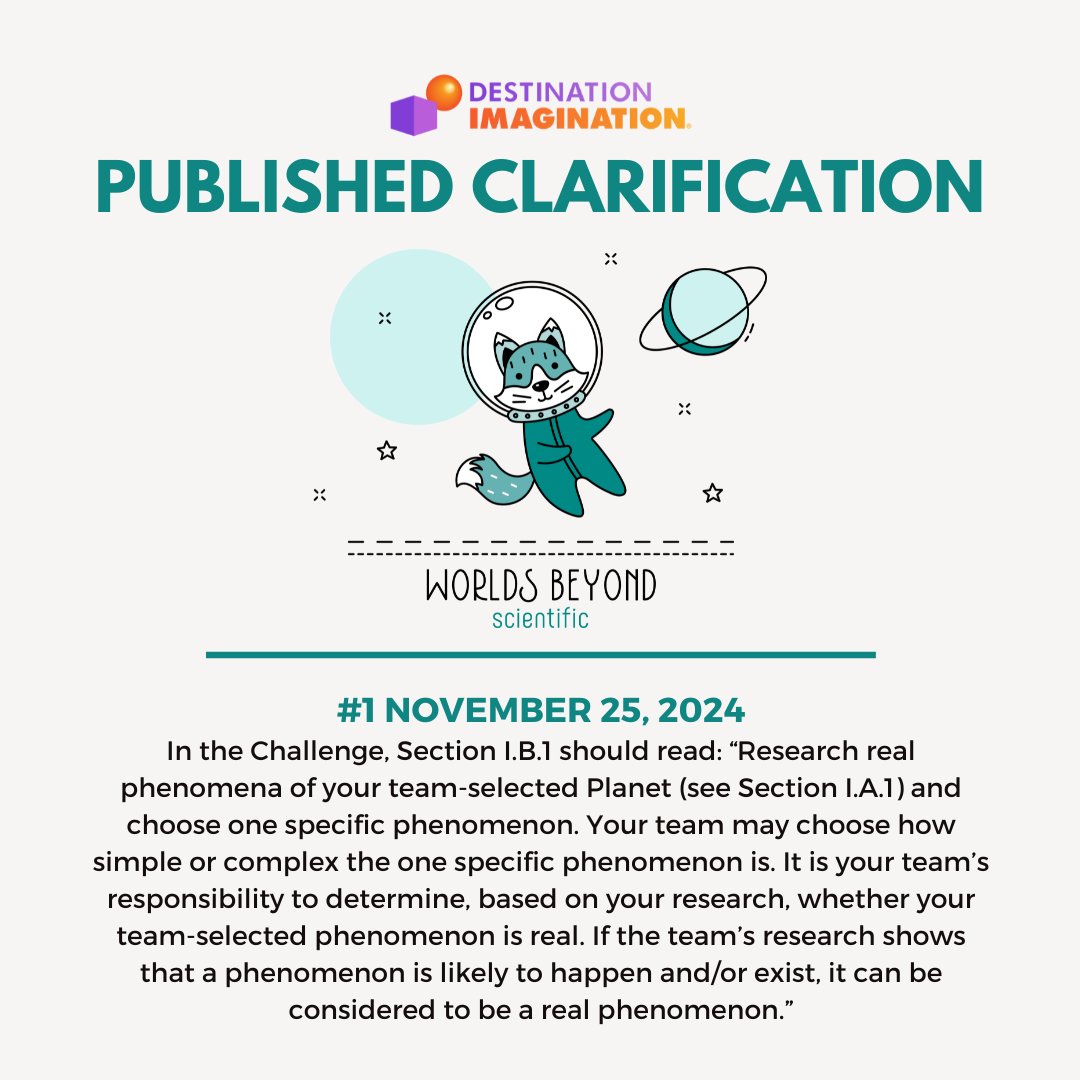 IDODI's tweet image. Heads up, Scientific teams! A Published Clarification has been issued for our “Worlds Beyond” Challenge. hubs.la/Q02Zln7V0

#DestinationImagination #ChallengeExperience #ScientificChallenge #Clarification