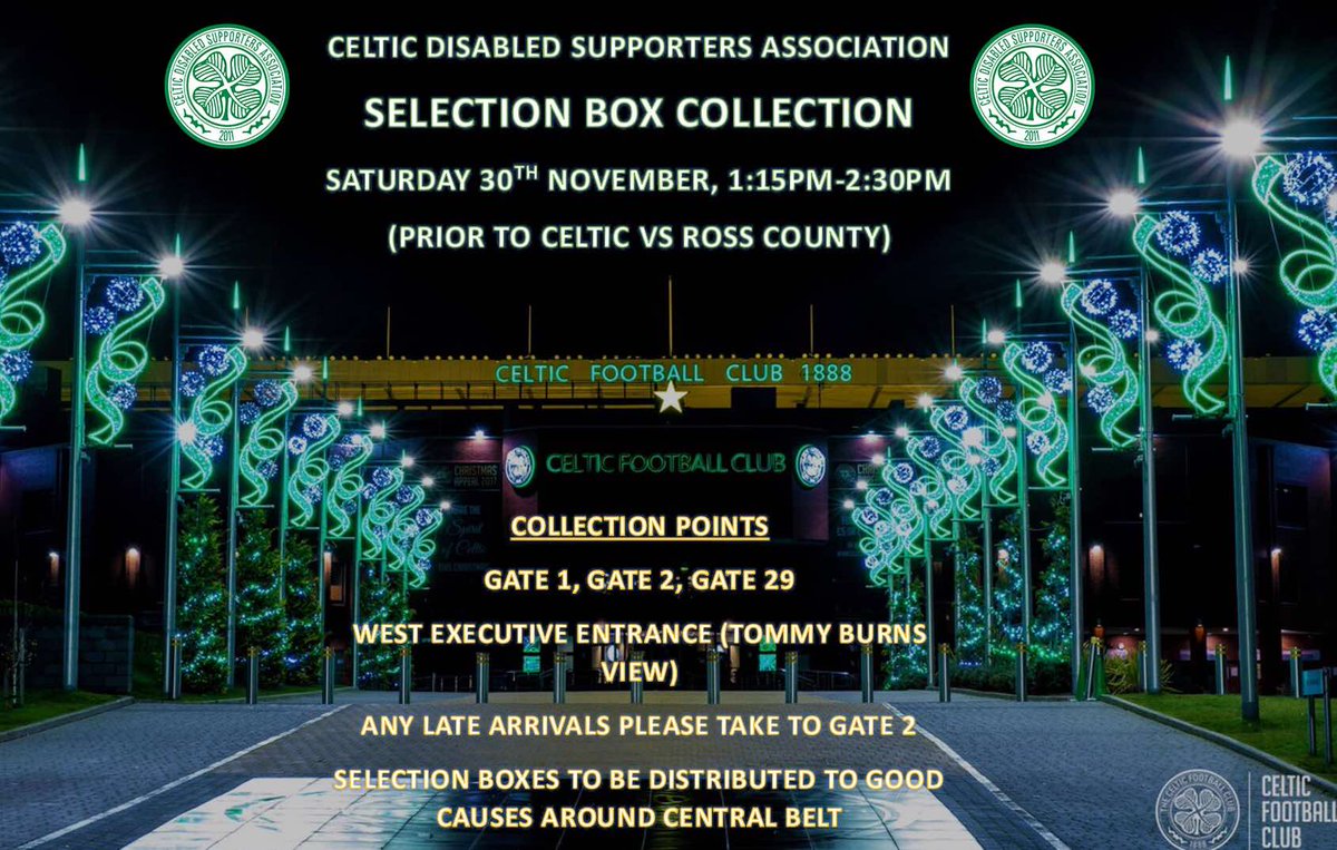 celticdsa's tweet photo. @CelticFCDAO  Just a wee reminder that we are having our annual selection box collection on Saturday 30th November - a 3 pm kick-off against Ross C
If you have any suggestions for worthy recipients of selection boxes, feel free to email us at info@celticdsa.co.uk 
Thank you!🎄 https://t.co/MQuRE5AfRb