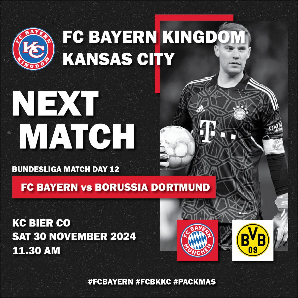 FCBayernKC's tweet photo. Bundesliga Match Day 12 between FC Bayern vs Borussia Dortmund at @kcbierco ⚽️🥨🍻

https://t.co/eBehtKhnwJ

#fcbayern #fcbkkc #packmas https://t.co/sxBRi1lxzm