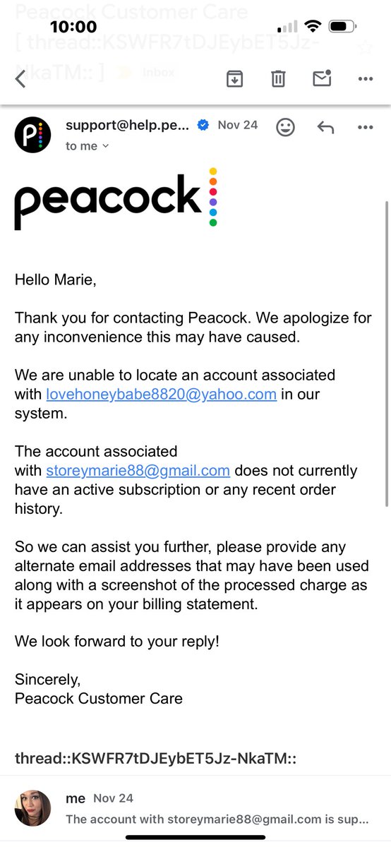 MarieAnntm's tweet photo. @PeacockTVCare you need to do better - I paid for a plan, and have not received a service. I’ve provided receipts showing proof of purchase but since it’s through Apple you can’t help? Ridiculous. https://t.co/8TEcILXJqT