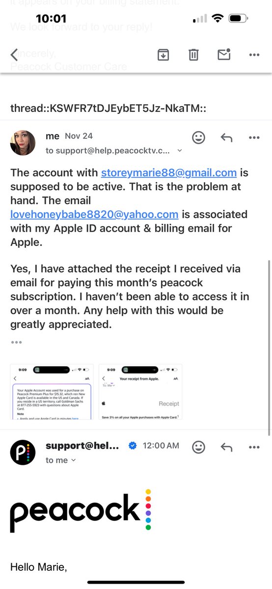 MarieAnntm's tweet photo. @PeacockTVCare you need to do better - I paid for a plan, and have not received a service. I’ve provided receipts showing proof of purchase but since it’s through Apple you can’t help? Ridiculous. https://t.co/8TEcILXJqT