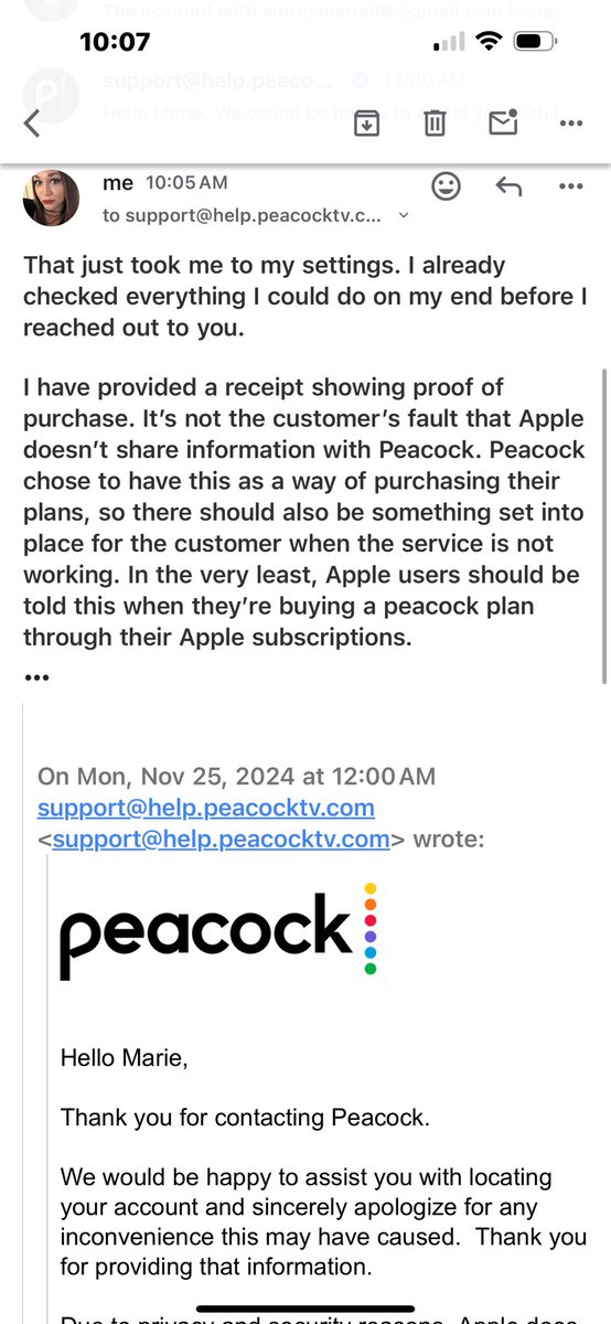 MarieAnntm's tweet photo. @PeacockTVCare you need to do better - I paid for a plan, and have not received a service. I’ve provided receipts showing proof of purchase but since it’s through Apple you can’t help? Ridiculous. https://t.co/8TEcILXJqT