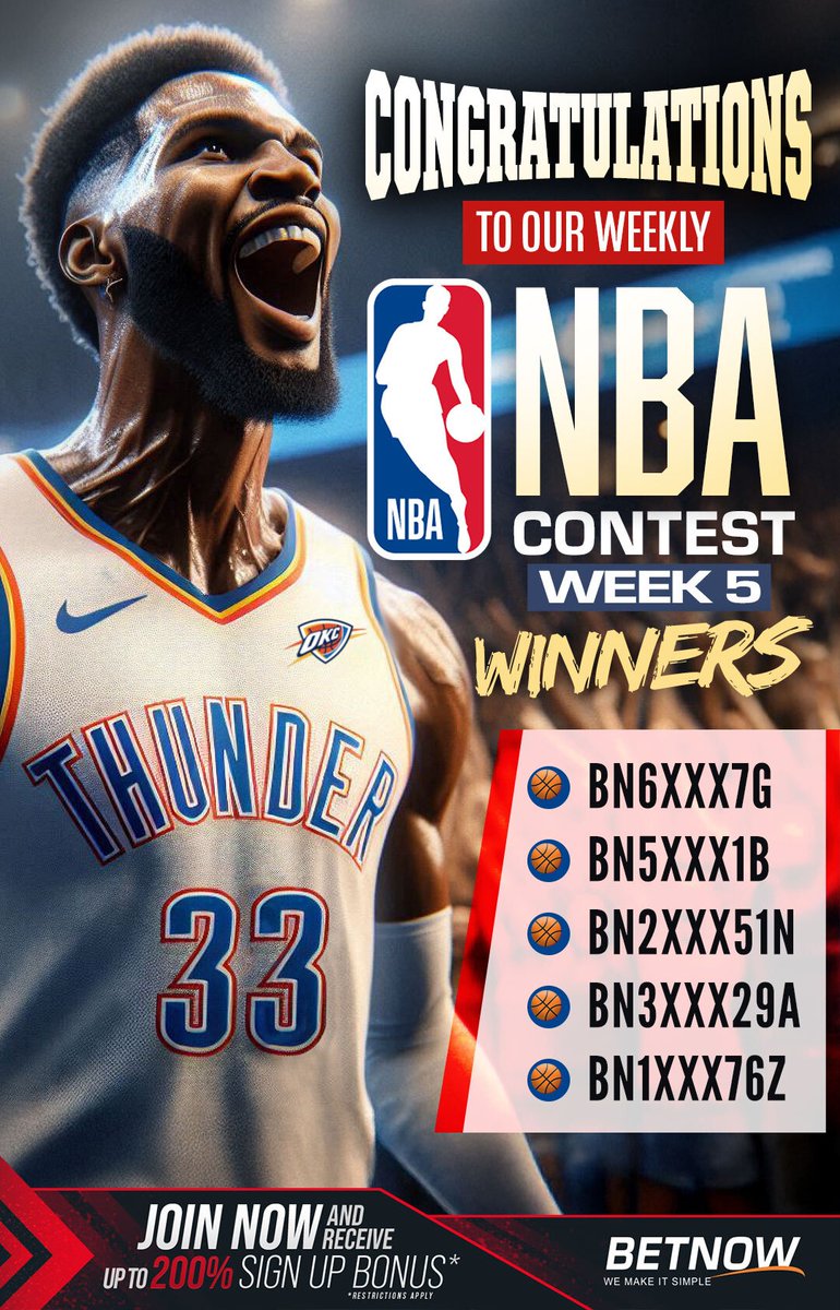 BetNowSports's tweet photo. Congratulations to our Weekly NBA Contest Week 5 Winners❗️
Play to Win ➡️ https://t.co/wCxE6qwKvb
#November #BasketballLife #Hoops #DunkLife #BallIsLife #Courtside #BuzzerBeater #FastBreak #Swish #HoopDreams #CourtVibes #BasketballSeason #GameTime #NBA #NBAPicks #Thanksgiving https://t.co/nIRN0RIt8q