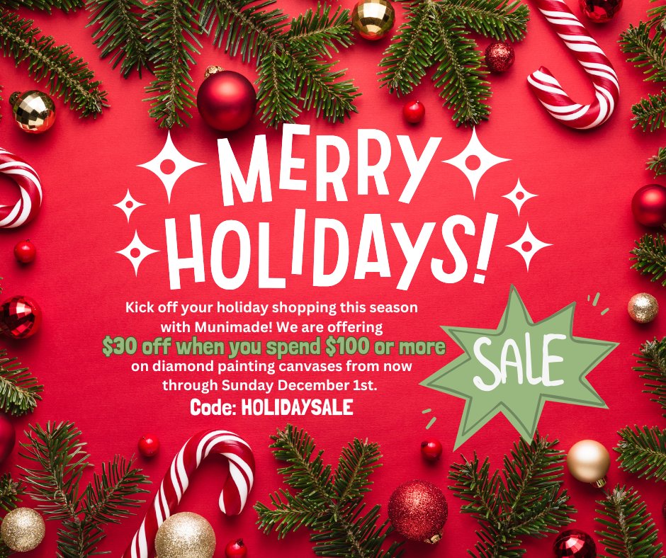 munimade's tweet photo. ✨From now through Sunday, December 1st you can enjoy $30 off your order when you spend $100 or more on diamond paintings. ✨

Code: HOLIDAYSALE https://t.co/C5zPG5sqOK