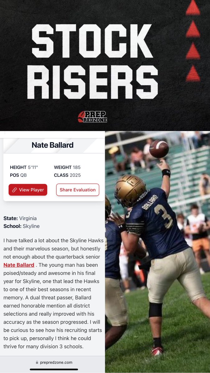 Skyline High School Football (@shshawksfootbal) on Twitter photo Congrats to <a href="/qb10nate_3/">Nate</a> for the high praise in this week’s <a href="/PrepRedzoneVA/">Prep Redzone Virginia</a> Stock Risers! The Baller had a great season and showed what he’s capable of!
<a href="/DmvSportsLive6/">DmvSports</a> <a href="/LUFBRecruiting/">Liberty Football Recruiting</a> <a href="/theriver953/">The River 95.3 📻</a> <a href="/WashPostHS/">WashPost HS Sports</a> <a href="/SkyHawksAthl/">Skyline Hawks</a> Congrats to <a href="/qb10nate_3/">Nate</a> for the high praise in this week’s <a href="/PrepRedzoneVA/">Prep Redzone Virginia</a> Stock Risers! The Baller had a great season and showed what he’s capable of!
<a href="/DmvSportsLive6/">DmvSports</a> <a href="/LUFBRecruiting/">Liberty Football Recruiting</a> <a href="/theriver953/">The River 95.3 📻</a> <a href="/WashPostHS/">WashPost HS Sports</a> <a href="/SkyHawksAthl/">Skyline Hawks</a>