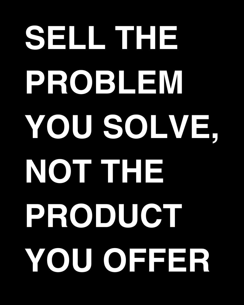 Selling the problem you solve, not the product you offer:

Creates a deeper connection
↳ customers feel understood and valued.

Differentiates your brand
↳ in a crowded market, it sets you apart.

Builds trust and empathy
↳ showing you care about their pain points.

Enhances