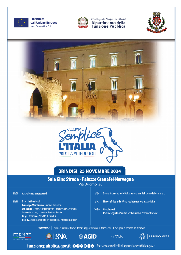 CislTaBr's tweet photo. #25novembre #Brindisi #PalazzoGranafeiNervegna I #Segretari @gianfr_solazzo e @AntonioBaldas18 partecipano all'incontro "Facciamo semplice l’Italia. PArola ai territori", concluso dal Ministro per la PA @Paolo_Zangrillo @CislNazionale @CislPuglia https://t.co/HqJA7jt2Wk