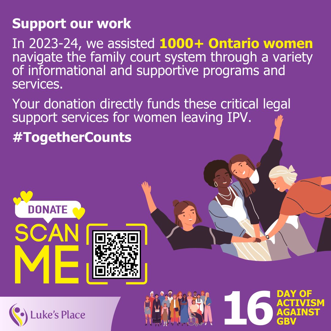 LukesPlace1's tweet image. Day 1 of #16Days: 

What is intimate partner violence? ow.ly/7pFW50UecUC. 

Last year we helped 1000+ Ontario women navigate the family court system after leaving abuse. Your donation directly funds these critical services: ow.ly/aaFk50UecUJ. 💜 #TogetherCounts