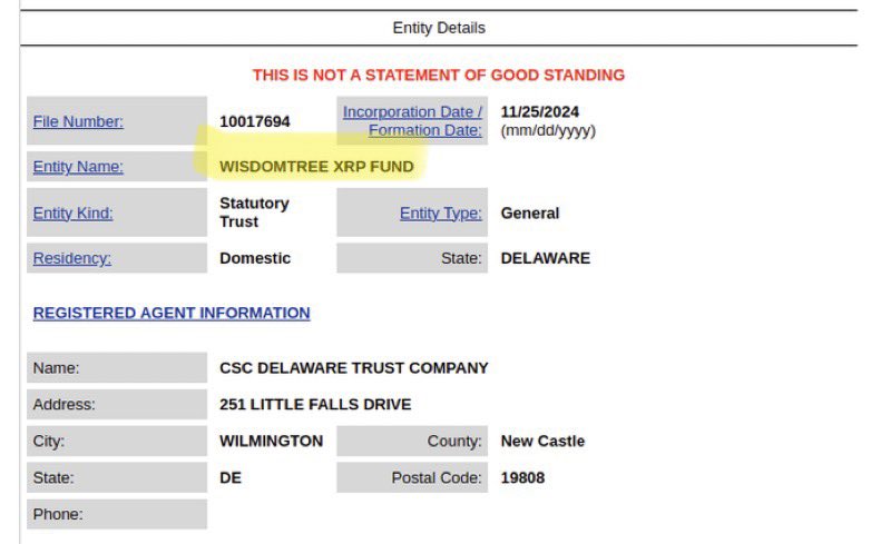 Eleanor Terrett (@eleanorterrett) on Twitter photo 🚨NEW: Global ETF provider <a href="/WisdomTreeFunds/">WisdomTree</a> has registered in the state of Delaware for an $XRP ETF. I have confirmed with the company this is a legitimate filing.
Wisdom Tree has over $100 billion in assets under management. 🚨NEW: Global ETF provider <a href="/WisdomTreeFunds/">WisdomTree</a> has registered in the state of Delaware for an $XRP ETF. I have confirmed with the company this is a legitimate filing.
Wisdom Tree has over $100 billion in assets under management.