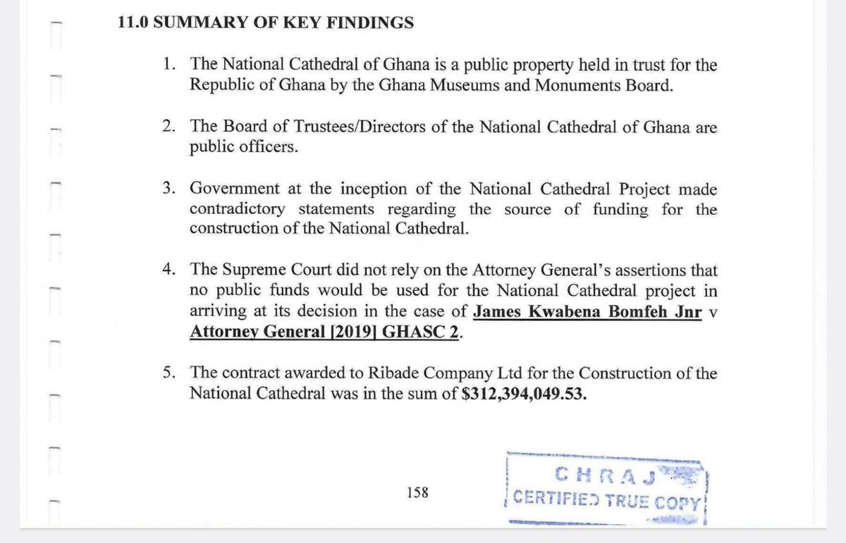 S_OkudzetoAblak's tweet photo. Intriguing findings from CHRAJ on my National Cathedral complaint:

1) The contract awarded to RIBADE by the Board of Trustees is illegal and void as it violates Ghana’s procurement laws;

2) The Board of Trustees did not seek concurrent approval from the Central Tender Review Committee;

3) The procurement breaches raise reasonable suspicion of corruption and corruption related offences;

4) The Board of the Public Procurement Authority (PPA) should intervene to cancel the contract for the construction of the National Cathedral between the National Cathedral and RIBADE company as it has the power to do so under the Procurement Act;

5) The Commission recommends for further investigation and possible prosecution of the Board of Trustees of the National Cathedral who superintended over the award of the contract to RIBADE company in disregard to Act 663 as amended;

6) Strangely, CHRAJ failed to seriously look into the double identity conduct of Rev. Victor Kusi Boateng/Kwabena Adu Gyamfi despite overwhelming evidence placed before it, and despite a high court judgement on the matter. 

One thing is clear — Akufo-Addo’s National Cathedral project stands exposed as a blasphemously grand create, loot and share scheme whose perpetrators CHRAJ insists must be prosecuted.