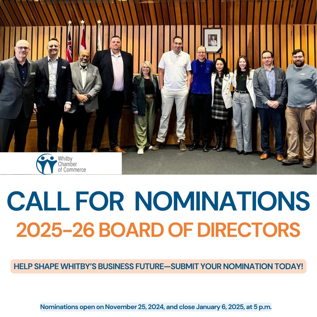 The Whitby Chamber of Commerce is accepting nominations for the 2025-26 Board of Directors!

💼 Why Get Involved?
Influence the future of Whitby’s business community
Help drive local growth and success
📍 To apply, visit ow.ly/lke350Uf04y.