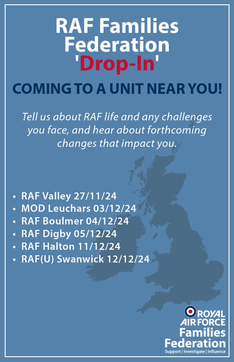 Remaining RAF Families Federation Drop-In dates for 2024!

See local bulletins for times and locations!

For 2025 dates, go here 👉 bit.ly/3fbuNKL