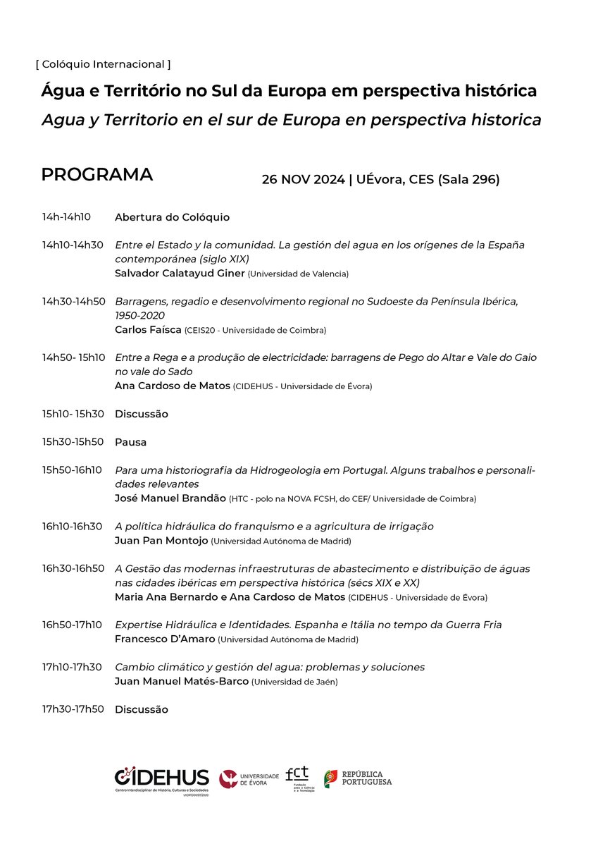 Ana Cardoso del <a href="/cidehus_ue/">CIDEHUS</a> organiza este coloquio con buenísimos historiadores del agua y del mundo rural en España y Portugal, como Salvador Calatayud, Carlos Faísca, José Manuel Brandão, Juan L Pan-Montojo, Maria Ana Bernardo y Juan Manuel Matés-Barco. Hablaré de identidades🙊