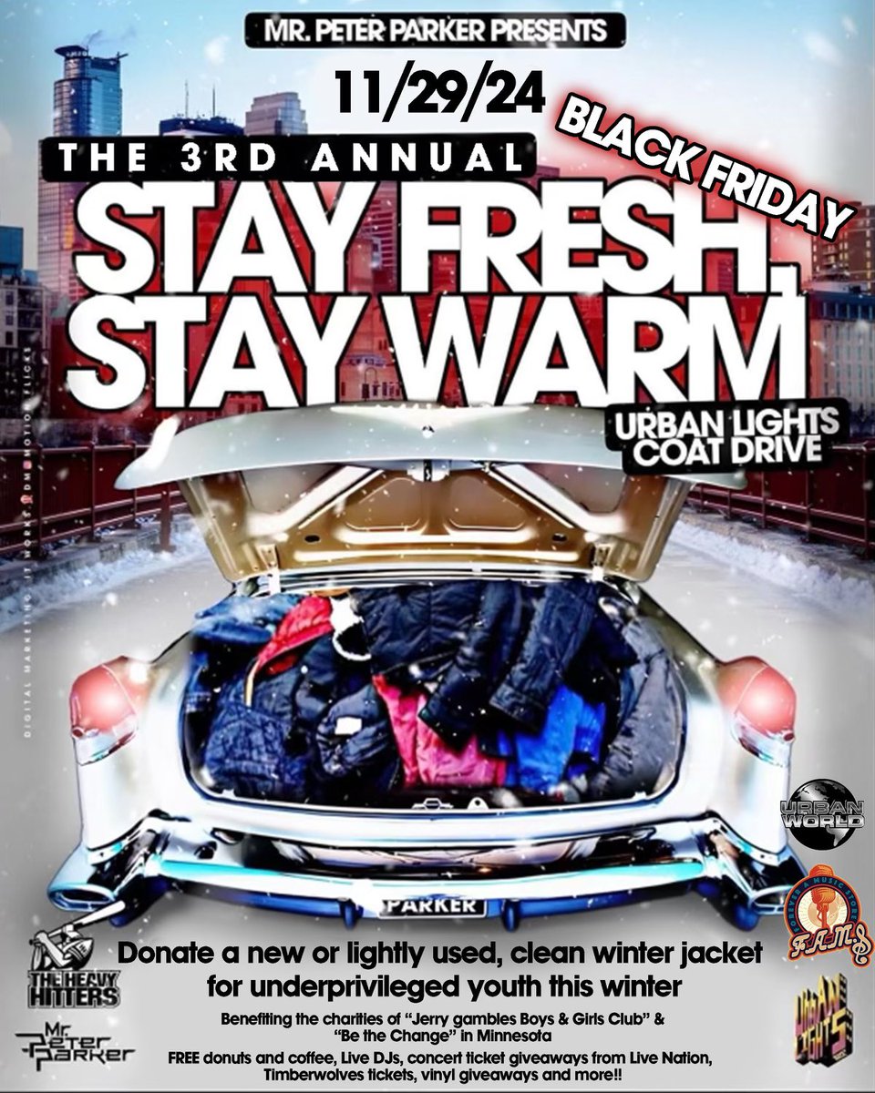 Timothy H. Wilson (@theurbanlight) on Twitter photo Pull up this Friday for the 3rd annual <a href="/MRPETERPARKER/">Mr 🅿️eter 🅿️arker</a> <a href="/theurbanlight/">Timothy H. Wilson</a> “Stay Fresh Stay Warm” coat drive, drop off a fresh coat for someone in need and automatically be registered to win cool stuff!…it’s the reason for the season… Pull up this Friday for the 3rd annual <a href="/MRPETERPARKER/">Mr 🅿️eter 🅿️arker</a> <a href="/theurbanlight/">Timothy H. Wilson</a> “Stay Fresh Stay Warm” coat drive, drop off a fresh coat for someone in need and automatically be registered to win cool stuff!…it’s the reason for the season…