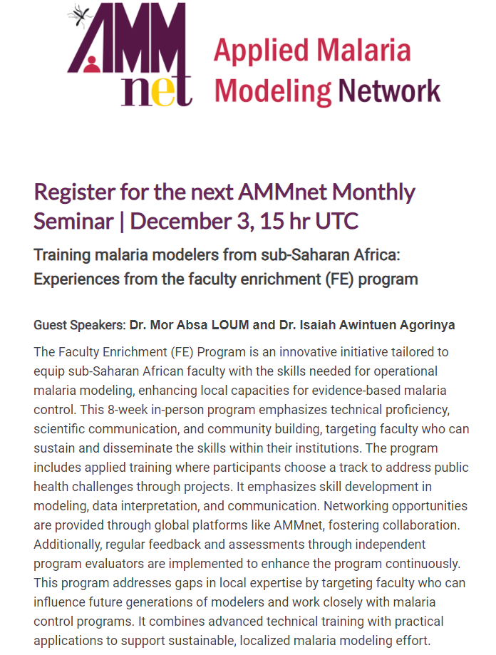 AMMnetwork's tweet photo. Registration is open for our #AMMnet December 3 seminar at 15:00 UTC! Come join us as malaria modelers from Sub-Saharan Africa discuss their experiences from the faculty enrichment program. Register here: https://t.co/vNnBukP3CH https://t.co/zuox6of3XP