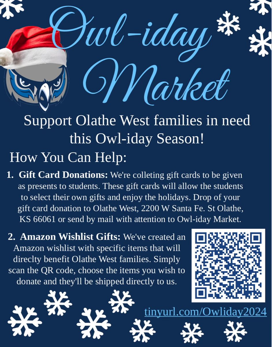 OWcounseling's tweet photo. It's the season of giving! 🦉❄️ Support our Owl-iday Market and help families in need. Together, we can spread joy this holiday season! 

Check out our Amazon wishlist and make a difference today: https://t.co/xhsaLJsKNI https://t.co/rYl6URk5XP
