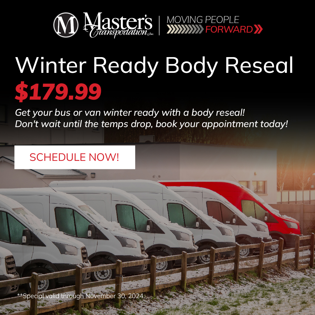 MastersTransp's tweet photo. Get your bus or van winter ready with a body reseal! ❄️ Keep the elements outside with our Winter Ready Body Reseal for $179.99. 
Don't wait until the temperatures drop, book your appointment today! ➡️ https://t.co/zXy5eAT0d8
#MastersTransportation #Fleet #Service https://t.co/dodEtCdFlk