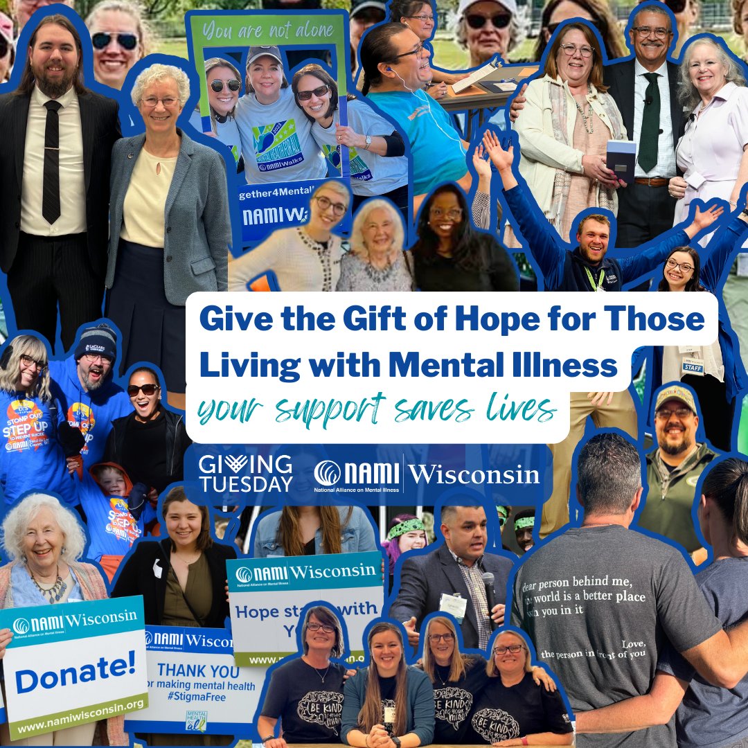 Today is Giving Tuesday! Give the gift of hope for those living with a mental illness and their family members. When you donate to NAMI Wisconsin, you support our vital work in mental health support, education, and advocacy. Donate: namiwisconsin.org/donate/ #givingtuesday