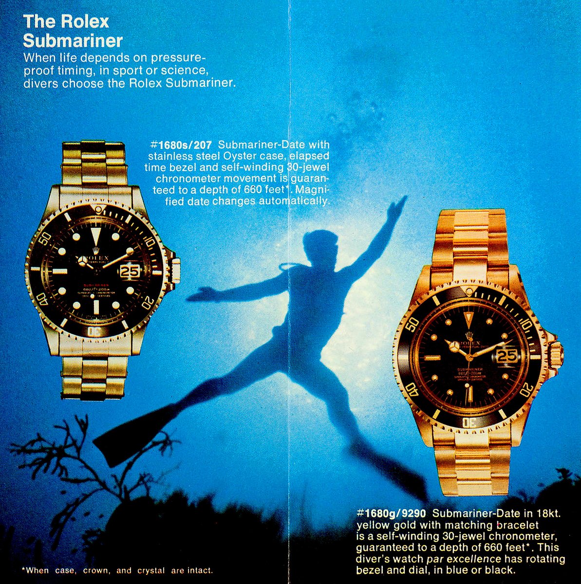 The photos below are of a @Rolex #Submariner brochure from the early 1970s that refers to the Rolex Submariner as "Timepiece of inner space."