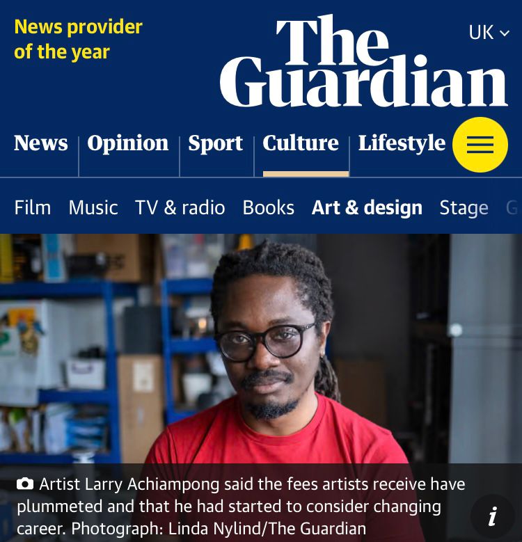 DACS (@dacsforartists) on Twitter photo āI have sympathy for organisations in terms of the funding cuts, but it doesnāt excuse the treatment of artists and their pay as an afterthought.āĀ
Larry Achiampong, artist and DACS member
Published by the <a href="/guardian/">The Guardian</a> and <a href="/Lanre_Bakare/">Lanre Bakare</a>, the new report on artistsā earnings by āI have sympathy for organisations in terms of the funding cuts, but it doesnāt excuse the treatment of artists and their pay as an afterthought.āĀ
Larry Achiampong, artist and DACS member
Published by the <a href="/guardian/">The Guardian</a> and <a href="/Lanre_Bakare/">Lanre Bakare</a>, the new report on artistsā earnings by