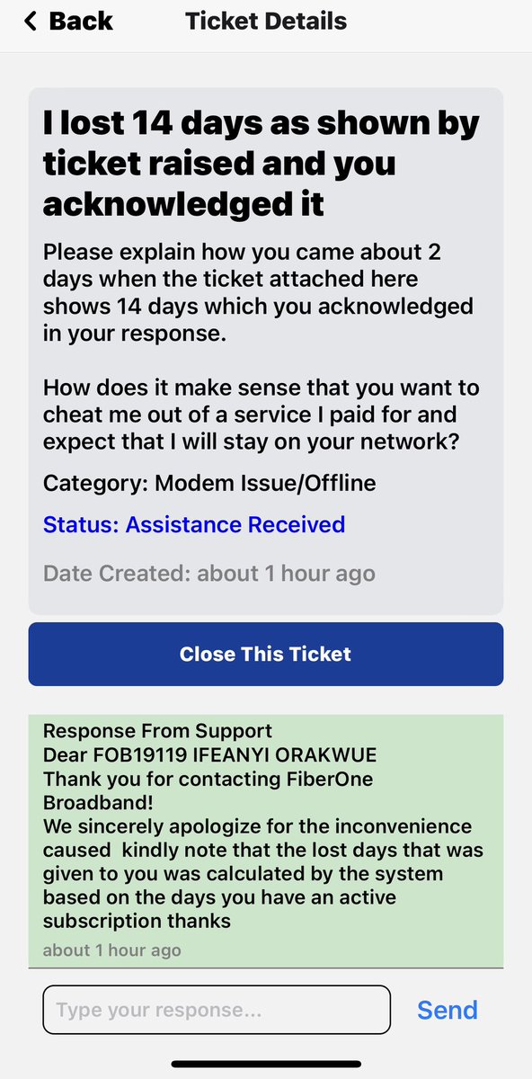 Ai_Ophala's tweet photo. @FiberOne_help @FOBroadband Today your story is that your system only calculated 2 days despite your acknowledgement of the tickets I raised about service outage in my area.

I WILL RATHER DIE THAN PAY ANOTHER MONTH OF SUBSCRIPTION TO @FOBroadband IF MY LOST DAYS ARE NOT REFUNDED IN FULL. https://t.co/iqGYNint1T