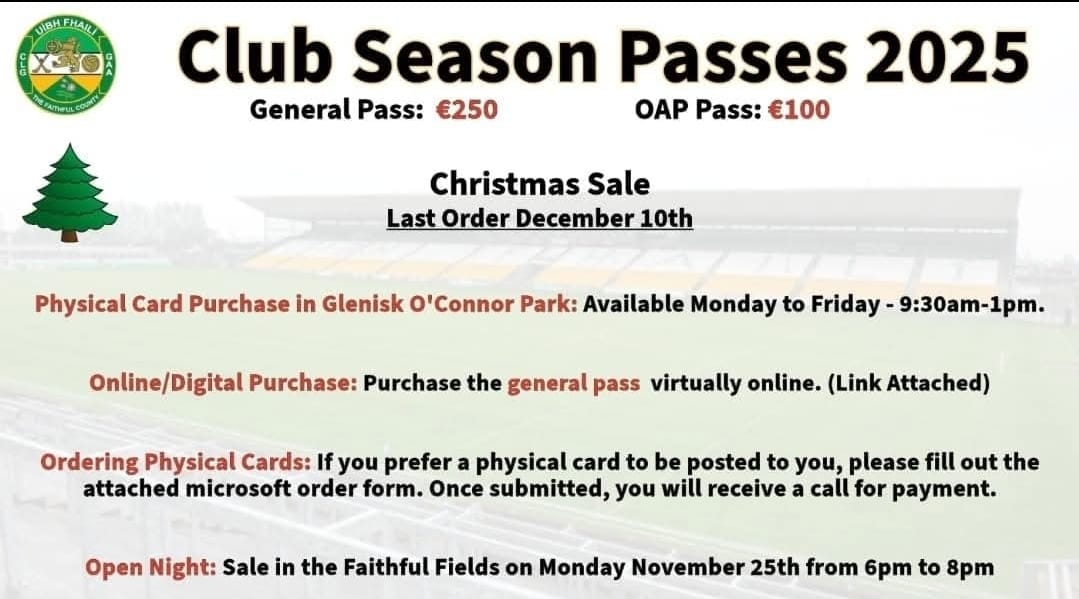This is a great Christmas present for all!
Please see the attached links for our virtual general ticket :
offaly.gaa.ie/offaly-gaa-clu…
and postal order form for both physical ticket:
forms.office.com/Pages/Response…
