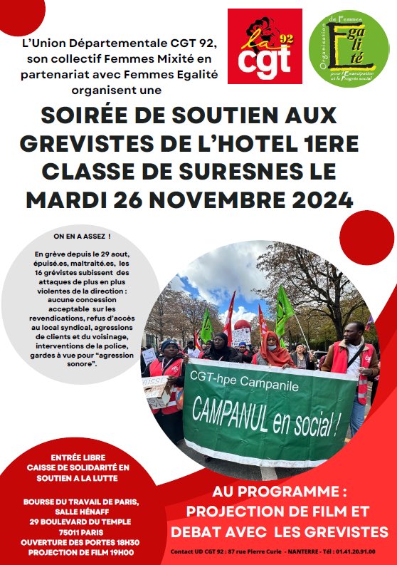 92_cgt's tweet photo. Soirée de soutien aux grévistes de l’hôtel 1ere classe de Suresnes le 26 novembre 2024 Salle Henaff à la Bourse du Travail à 18h30 https://t.co/fR0Ch0iSMY