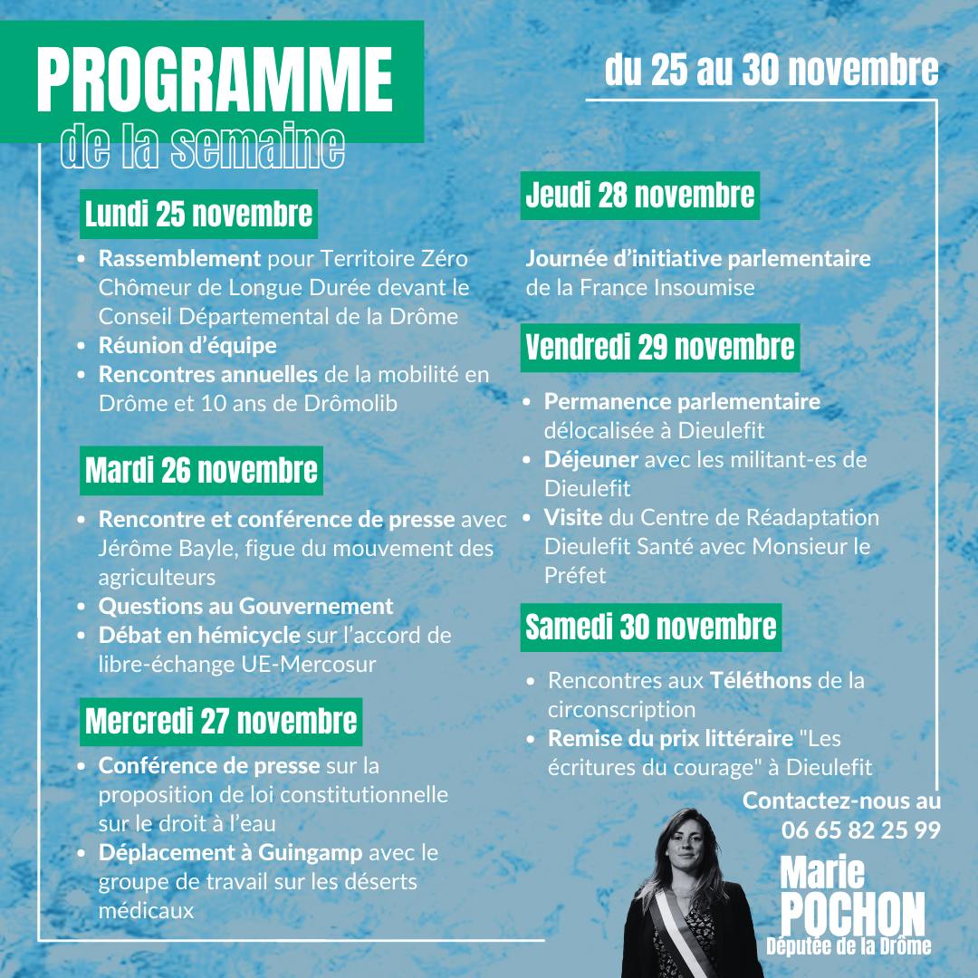 MariePochon's tweet photo. Le programme de la semaine 📣
Une semaine partagée entre le pays de Dieulefit📍pour l'initiative #TZCDLD, ma permanence parlementaire vendredi matin (RDV au 06 65 82 25 99); et l'Assemblée Nationale📍 où je me battrai, cette semaine encore, contre l'accord #UEMercosur ! https://t.co/E0818xYs5x