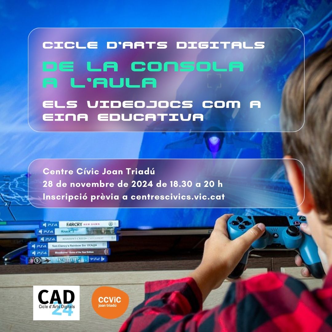 CCivicsVic's tweet photo. [CICLE D'ARTS DIGITALS]
🎮 De la consola a l'aula: els videojocs com a eina educativa.
 Trobada per obrir espais de reflexió i debat entorn els usos educatius dels videojocs.

📅 28 de novembre, a les 18.30 h.
📍 @CCVicJoanTriadu.

ℹ️ Més informació a https://t.co/aST9aaDuni. https://t.co/bXY2FHQ5mP