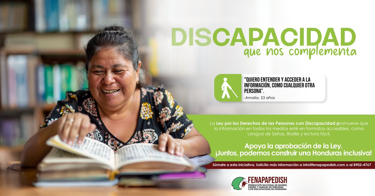 Apoya la aprobación de la Ley por los Derechos de las Personas con #Discapacidad para que la información sea accesible para todos y todas.
📌¡Súmate a la campaña! Más información: ✉info@fenapapedish.com 📞8903-4767. 
¡Juntos, podemos construir una Honduras inclusiva!