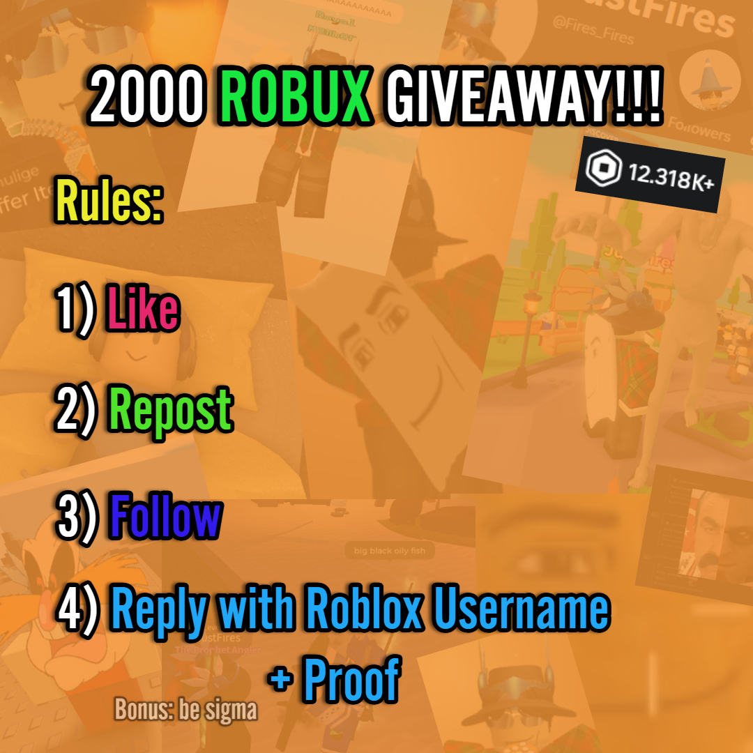 💰 2000 ROBUX GIVEAWAY!!! 💸 (#robloxdev #robuxgw #robuxgiveaway #robloxgiveaway)

🤫🧏‍♂️ Rules:

1) Like ❤️
2) Repost 🔄
3) Follow 👥
4) Reply with your Roblox Username + Proof ‼️💬

ENDS IN 2 DAYS!!! ⏰