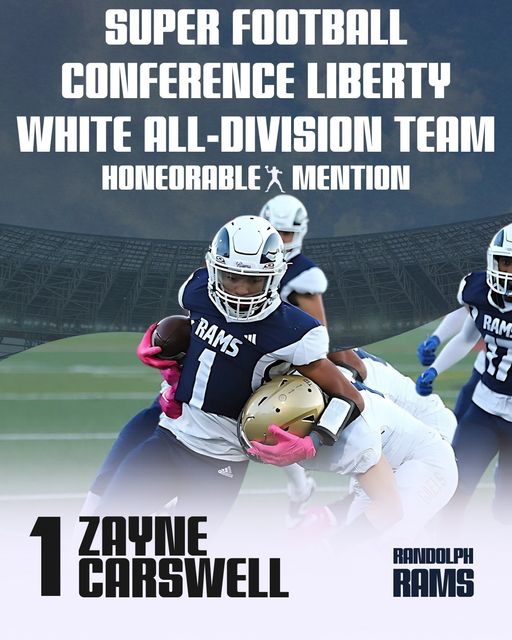 RandolphRamsFB's tweet photo. Congratulations, @ZayneCarswell ! 
A huge shoutout to CO' 27 WR/DB Zayne Carswell for earning Honorable Mention on the SFC Liberty White All-Division Team! 📷
We are so proud of Zayne and all his hard work this season. 
Keep grinding, Zayne! 
#AllDivisionTeam #RandolphRams https://t.co/FXmheHTSKa