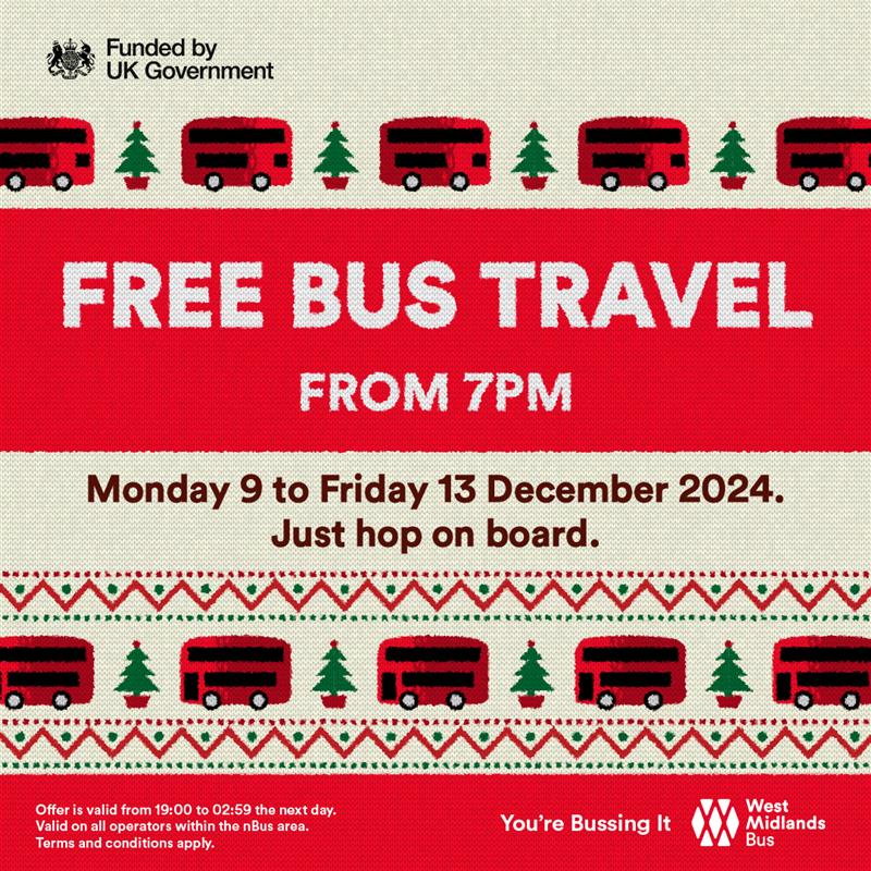 Between Monday 9th and Friday 13th December we'll be spreading the festive cheer 🎁 As all our buses will be free to use from 7pm onwards, with customers able to simply hop onboard and travel anywhere across the West Midlands! 🎄 Find out more here: bit.ly/4fHLQ1g