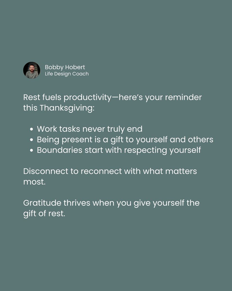 This morning, I realized something powerful.

We celebrate Thanksgiving to appreciate what we already have, not what’s pending on our to-do lists.

Here’s 1 thing I wish I knew before:
Rest isn’t the opposite of productivity—it fuels it.

Many entrepreneurs believe:
— “I can’t