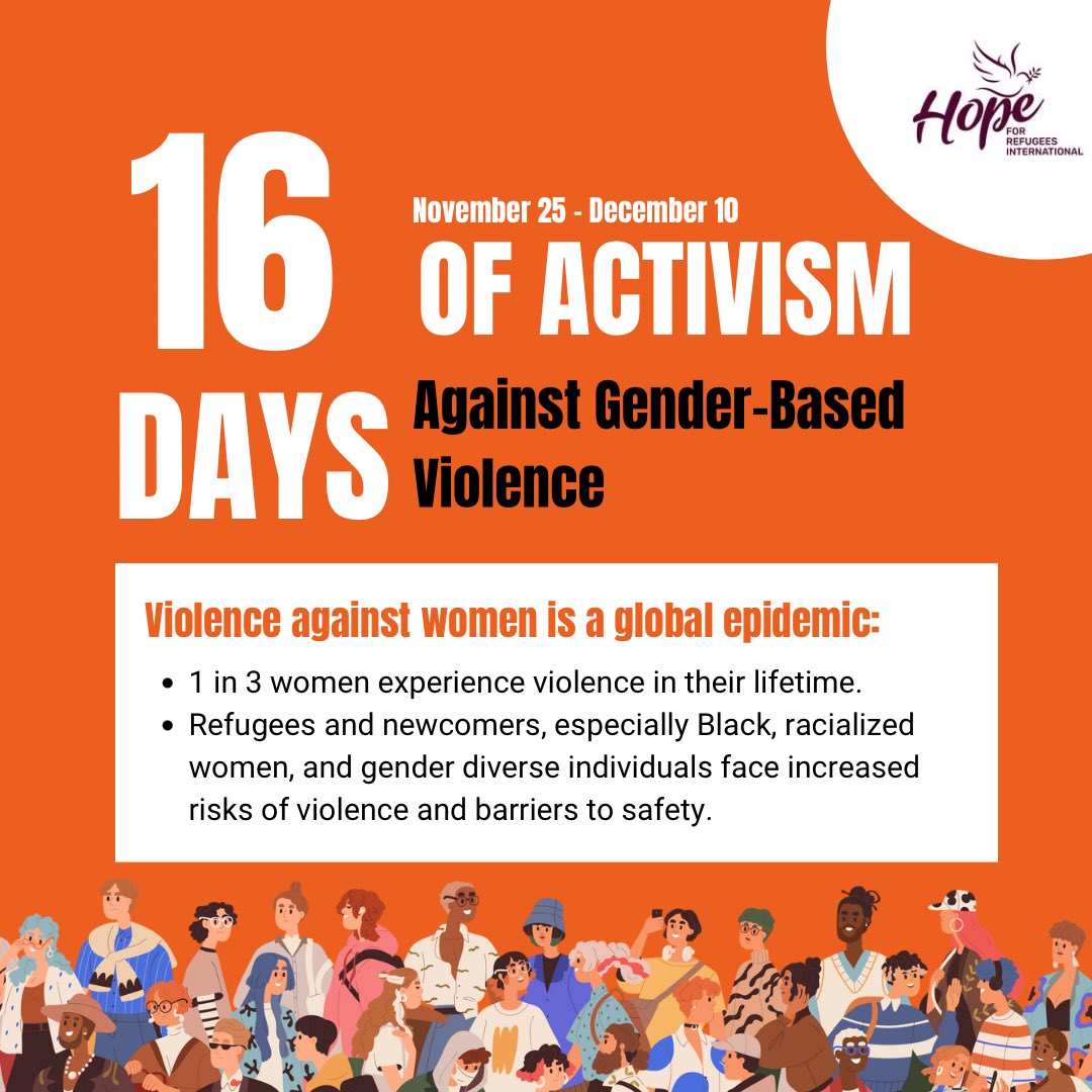 Today, on #IDEVAW, we mark the start of #16DaysOfActivism to #EndGBV. Violence affects 1 in 3 women globally, with refugees, Black, racialized, &amp;  gender diverse folks facing greater risks. Together, let’s support survivors, break the silence &amp; demand change. #OrangeTheWorld