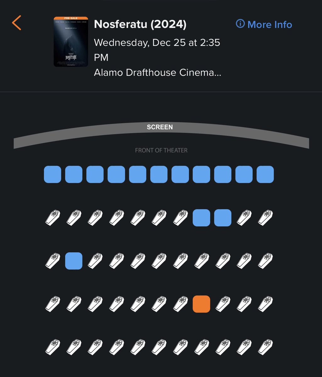 FilmUpdates's tweet photo. The reserved seats for ‘NOSFERATU’ on Fandango are coffins.

In theaters Christmas Day. https://t.co/RCQL8bvcnT