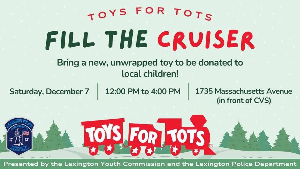 Give the gift of hope this holiday season by donating a new, unwrapped toy to local children! 📷
Make your donation at Lexington's "Fill the Cruiser" <a href="/ToysForTots_USA/">Toys for Tots</a> event on Saturday, December 7 from 12:00 PM to 4:00 PM in front of the Lexington Center CVS (1735 Mass Ave).