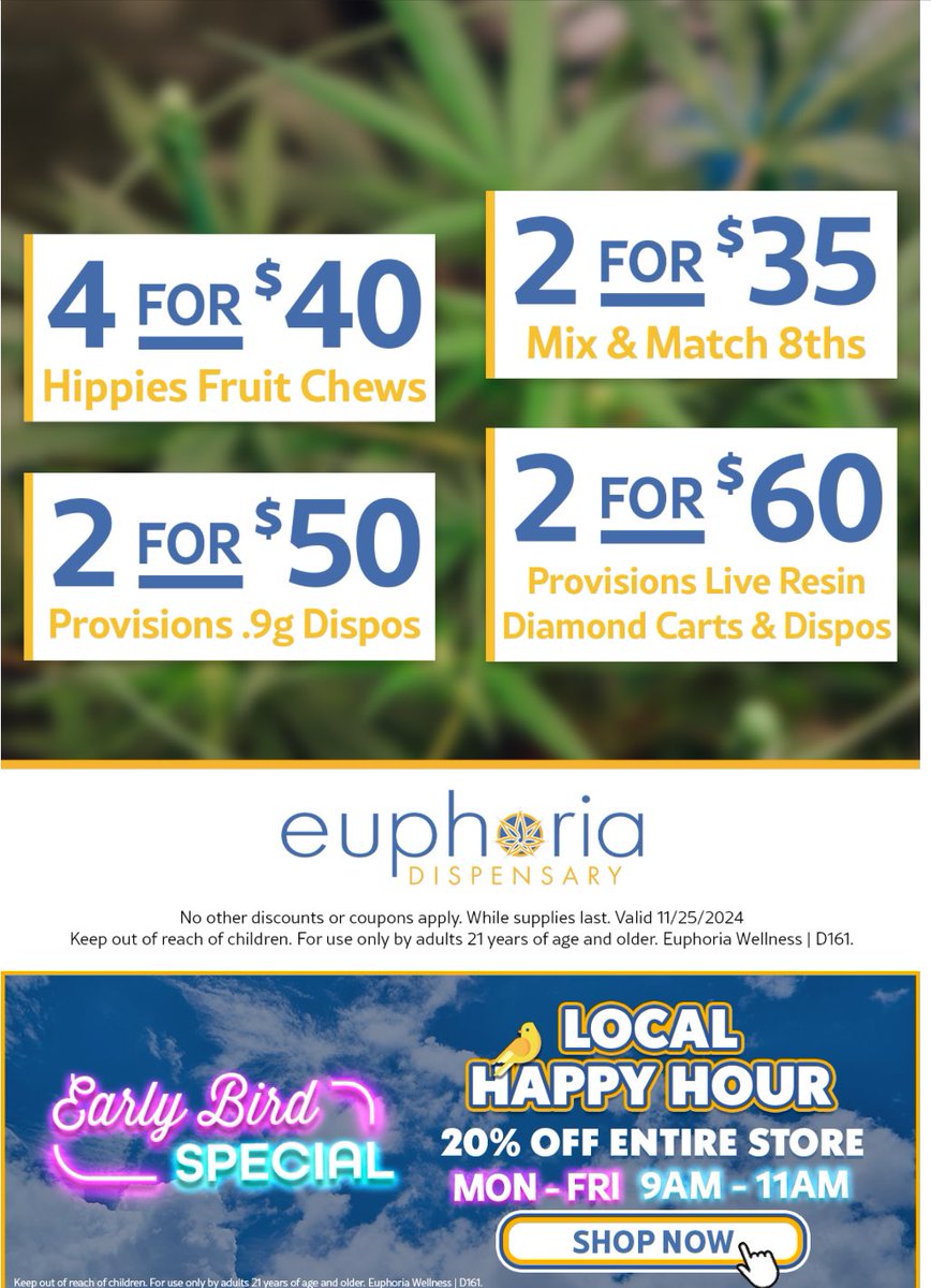 Euphoria_Vegas's tweet photo. Happy Monday world 🌍 come by the shop today for all the great deals!!! #dispensary #lasvegas #CannabisCommerce #mjbizcon #vegaslocals #InCrowd ☁️🍃 https://t.co/KWfYwcfeuR