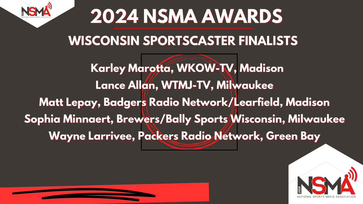 2024 <a href="/NSMASportsMedia/">NSMA Sports Media</a> Awards finalists:                                  

Wisconsin Sportscasters

<a href="/Karley_Marotta/">Karley Marotta</a>   
<a href="/lanceallan/">Lance Allan</a>   
<a href="/MattLepay/">Matt Lepay</a>   
<a href="/SophiaMinnaert/">Sophia Minnaert</a>   
<a href="/Wayne_Larrivee/">Wayne Larrivee</a>