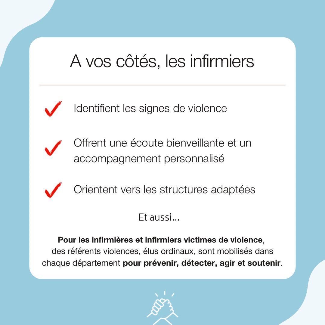 🚨 Journée internationale de lutte contre les violences faites aux femmes 🚨

👩‍⚕️👨‍⚕️Les infirmières et infirmiers, vos alliés de proximité !
Présents partout en France, ces professionnels de santé jouent un rôle essentiel dans la détection et l’accompagnement des femmes victimes de