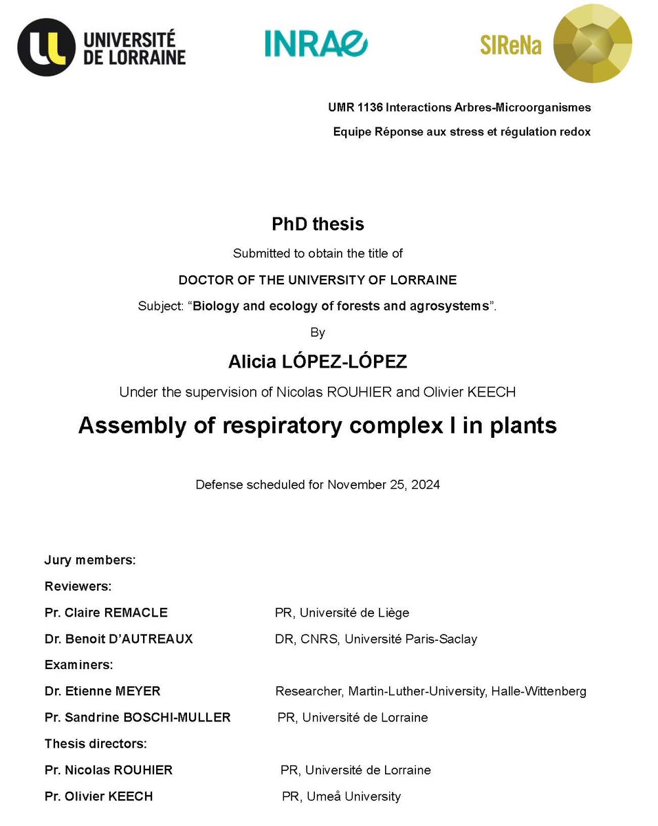 Congratulations Dr. Alicia López-López on your PhD defense on "Assembly of the respiratory complex I in Arabidopsis thaliana 🌱" 
👏👏👏